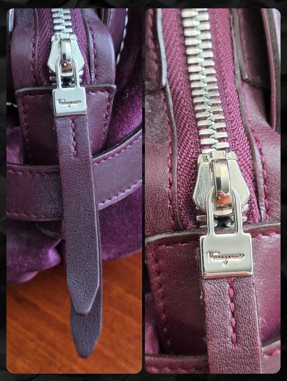Salvatore Ferragamo Mirtillo Burgundy Suede Calfskin Leather Satchel Bag
